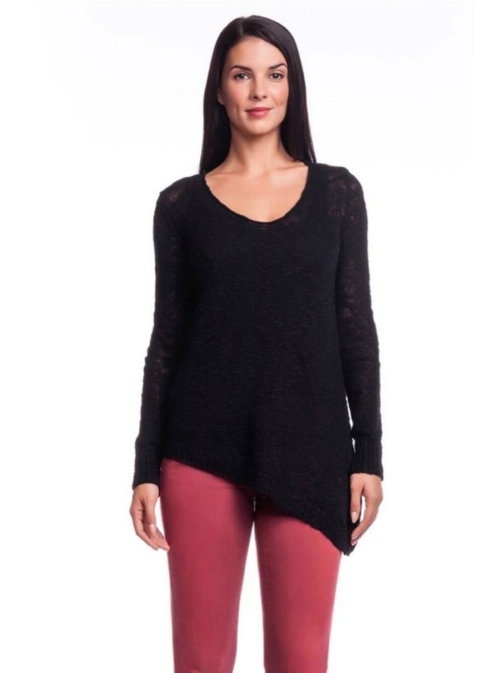Acrobat Asymmetrical Hem Sweater Black Linen Scoop Neck Long Sleeve NWT